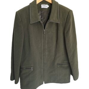 Wool Cashmere Blend Blazer Jacket Womens 14 Olive Green Zip Front Stitched Hem